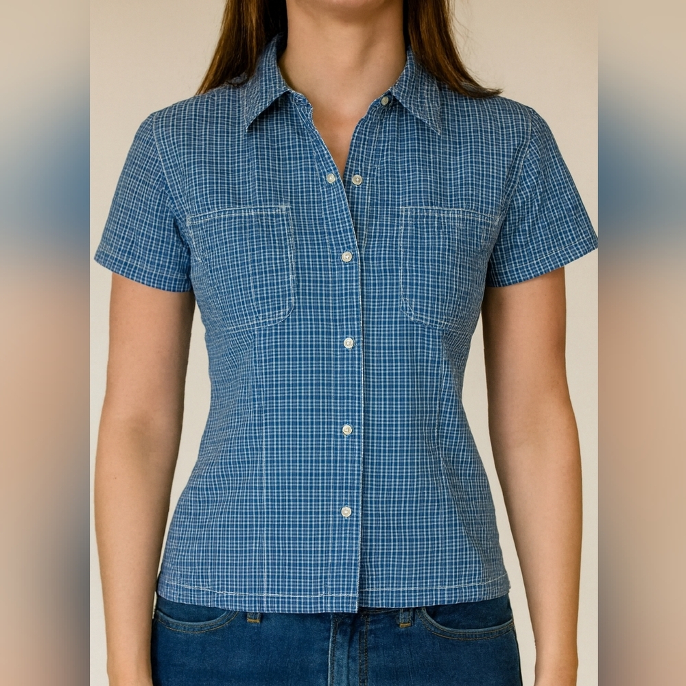 Gap Blue Plaid Snap Front Shirt